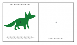 英語絵本『Hello, Red Fox』の説明図。左ページの黒い点を見つめた後、右ページの黒い点に視線を移す。